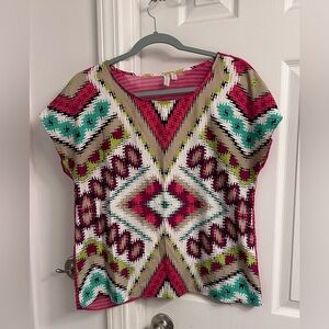 Madison Short Sleeve Geometric Top in Pink, Teal & Olive